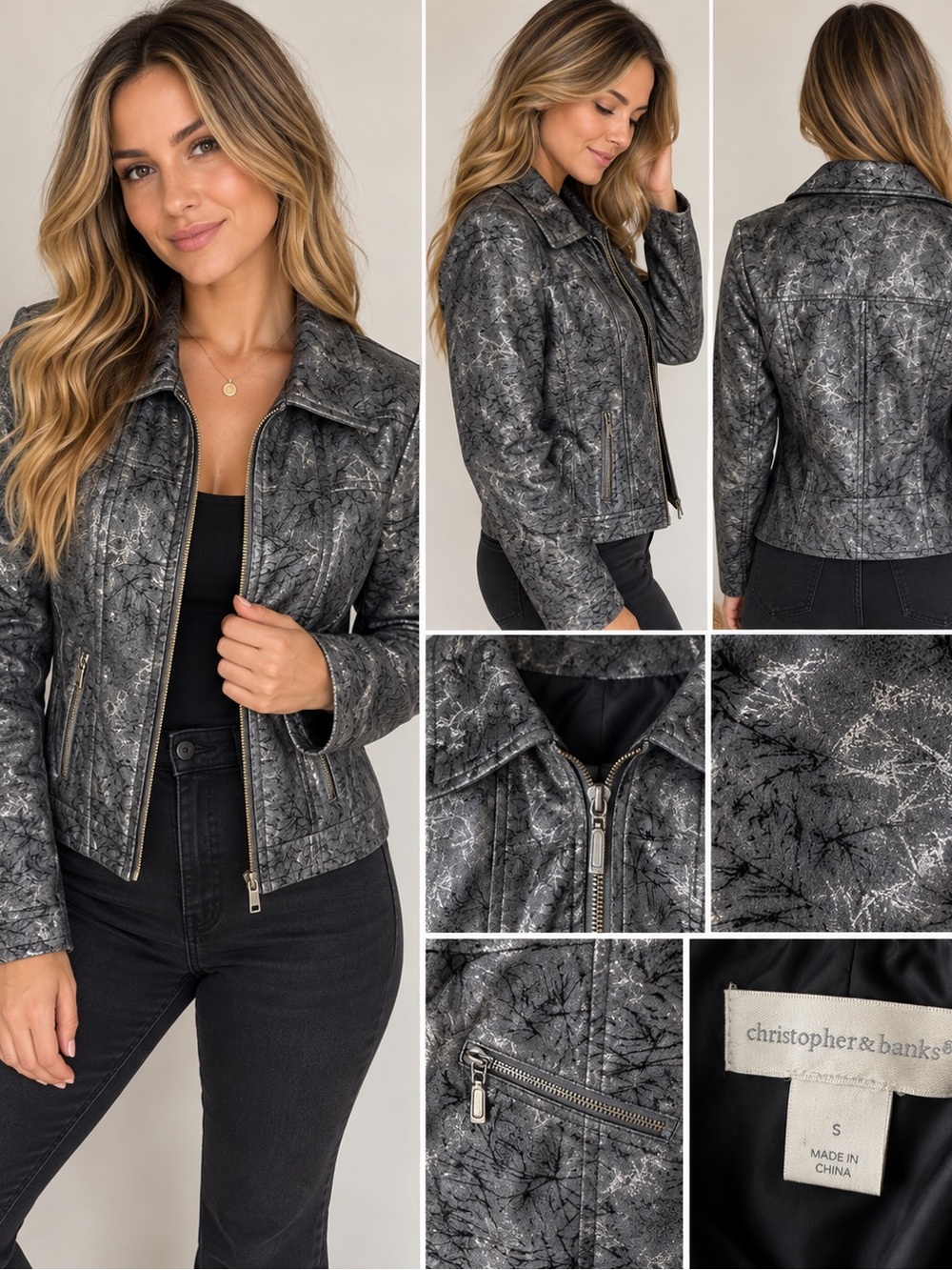 Christopher & Banks Silver-Black Textured Moto Jacket